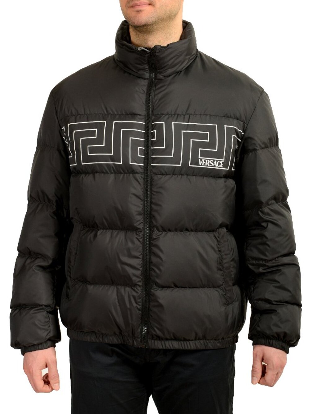 Versace Men's Black Greeca Print Full Zip Down Parka Jacket US L IT 52